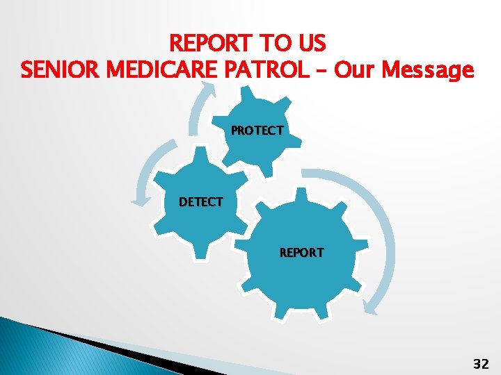 REPORT TO US SENIOR MEDICARE PATROL – Our Message PROTECT DETECT REPORT 32 