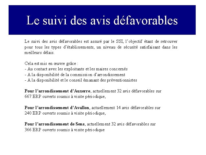 Le suivi des avis défavorables est assuré par le SSI, l’objectif étant de retrouver