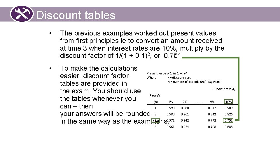Discount tables • The previous examples worked out present values from first principles ie
