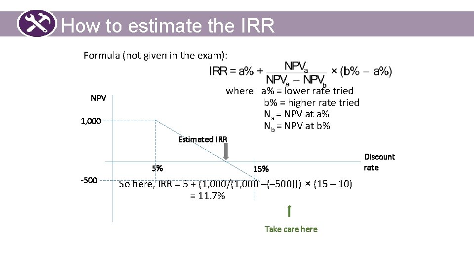 How to estimate the IRR Formula (not given in the exam): where a% =