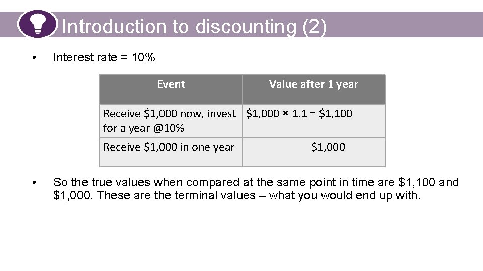 Introduction to discounting (2) • Interest rate = 10% Event Value after 1 year