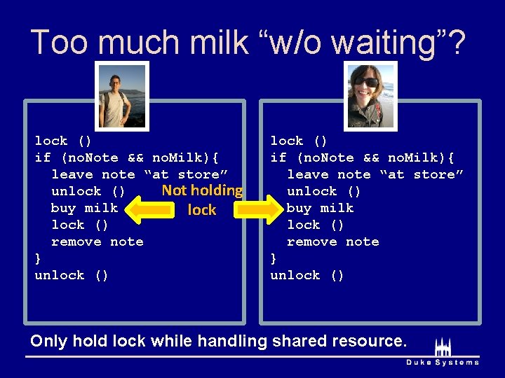 Too much milk “w/o waiting”? lock () if (no. Note && no. Milk){ leave