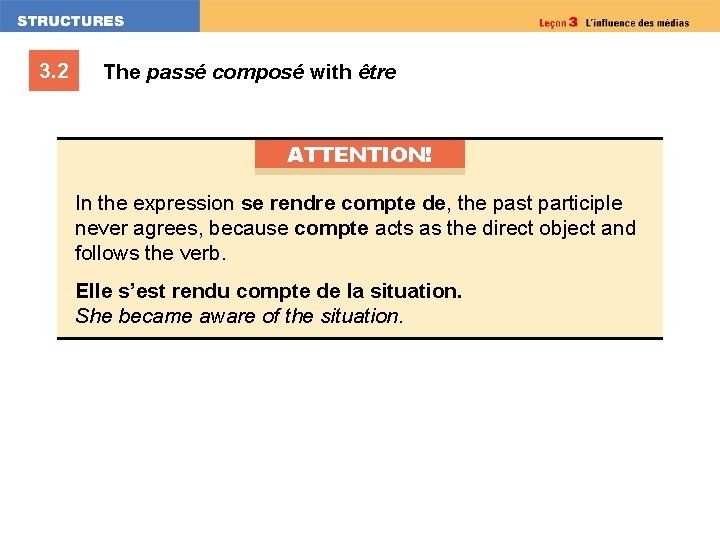 3. 2 The passé composé with être ATTENTION! In the expression se rendre compte