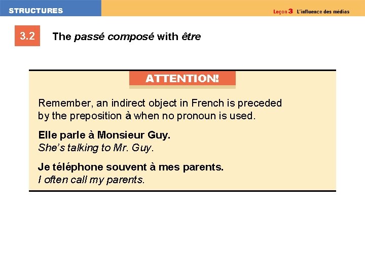 3. 2 The passé composé with être ATTENTION! Remember, an indirect object in French