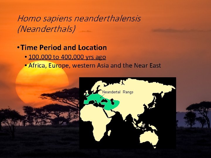 Homo sapiens neanderthalensis (Neanderthals) • Time Period and Location • 100, 000 to 400,