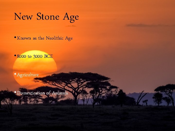 New Stone Age • Known as the Neolithic Age • 8000 to 3000 BCE