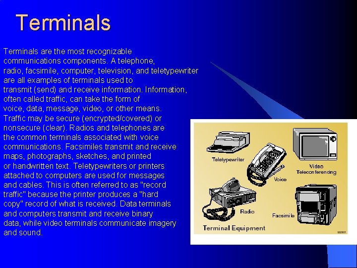 Terminals are the most recognizable communications components. A telephone, radio, facsimile, computer, television, and