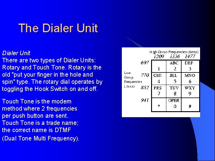 The Dialer Unit There are two types of Dialer Units: Rotary and Touch Tone.