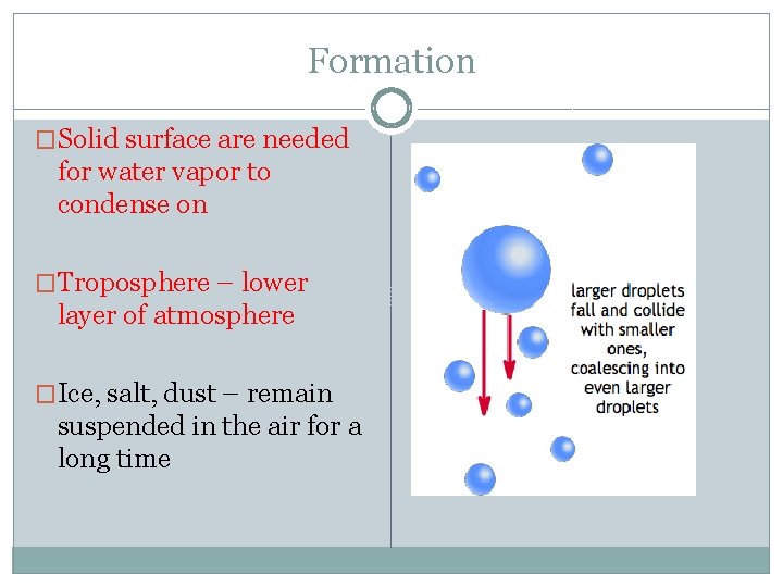 Formation �Solid surface are needed for water vapor to condense on �Troposphere – lower