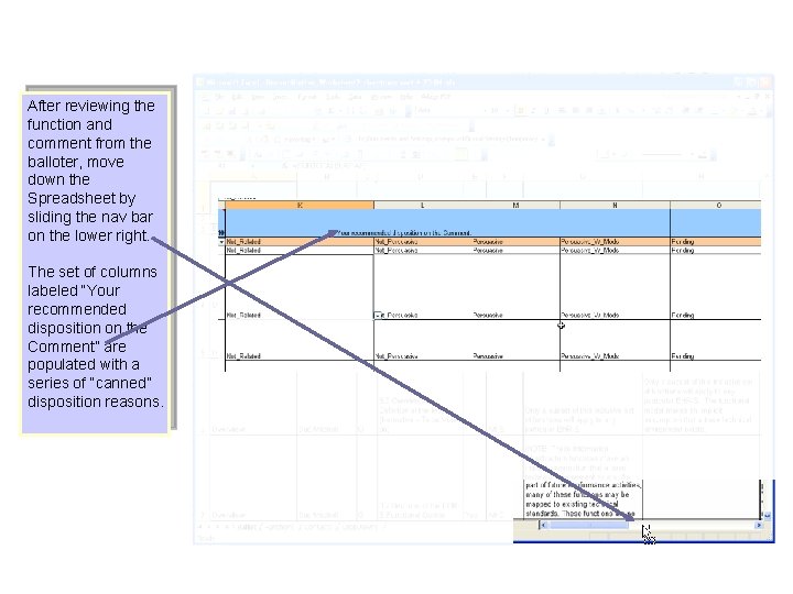 After reviewing the function and comment from the balloter, move down the Spreadsheet by