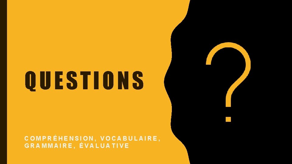 QUESTIONS COMPRÉHENSION, VOCABULAIRE, GRAMMAIRE, ÉVALUATIVE 