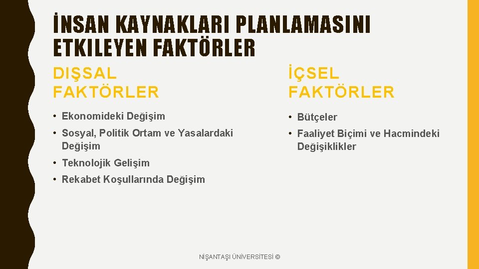 İNSAN KAYNAKLARI PLANLAMASINI ETKILEYEN FAKTÖRLER DIŞSAL FAKTÖRLER İÇSEL FAKTÖRLER • Ekonomideki Değişim • Bütçeler