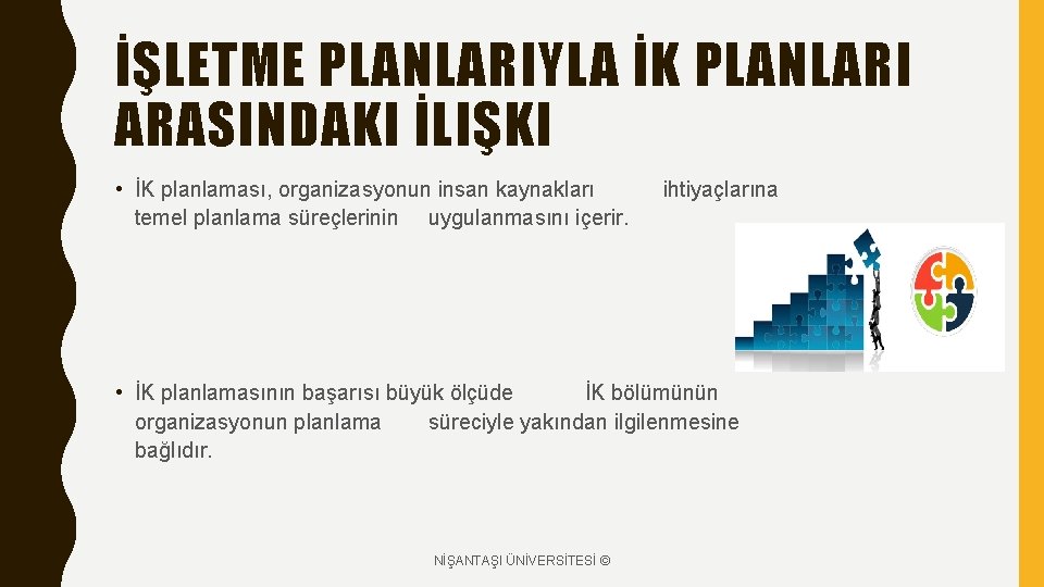 İŞLETME PLANLARIYLA İK PLANLARI ARASINDAKI İLIŞKI • İK planlaması, organizasyonun insan kaynakları temel planlama