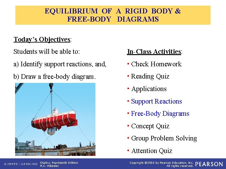 EQUILIBRIUM OF A RIGID BODY & FREE-BODY DIAGRAMS Today’s Objectives: Students will be able
