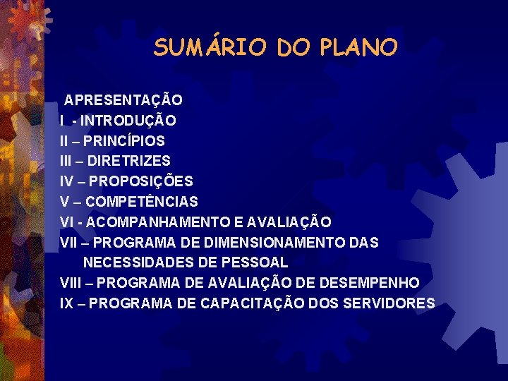 SUMÁRIO DO PLANO APRESENTAÇÃO I - INTRODUÇÃO II – PRINCÍPIOS III – DIRETRIZES IV