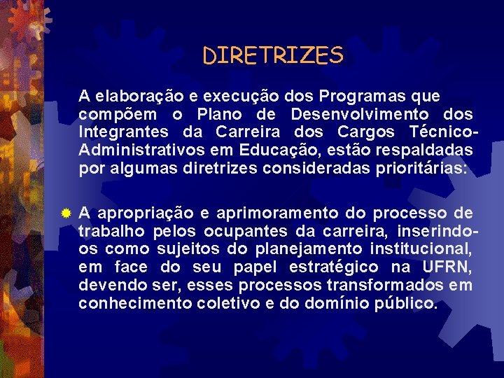 DIRETRIZES A elaboração e execução dos Programas que compõem o Plano de Desenvolvimento dos