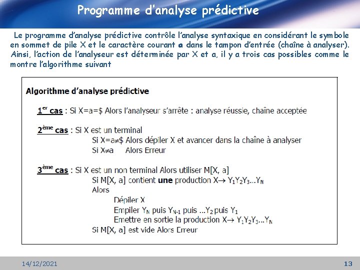 Programme d’analyse prédictive Le programme d’analyse prédictive contrôle l’analyse syntaxique en considérant le symbole