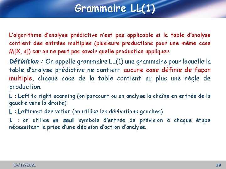 Grammaire LL(1) L’algorithme d’analyse prédictive n’est pas applicable si la table d’analyse contient des