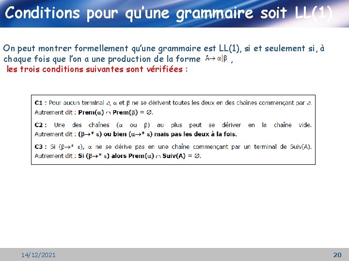 Conditions pour qu’une grammaire soit LL(1) On peut montrer formellement qu’une grammaire est LL(1),