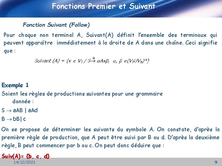 Fonctions Premier et Suivant Fonction Suivant (Follow) Pour chaque non terminal A, Suivant(A) définit