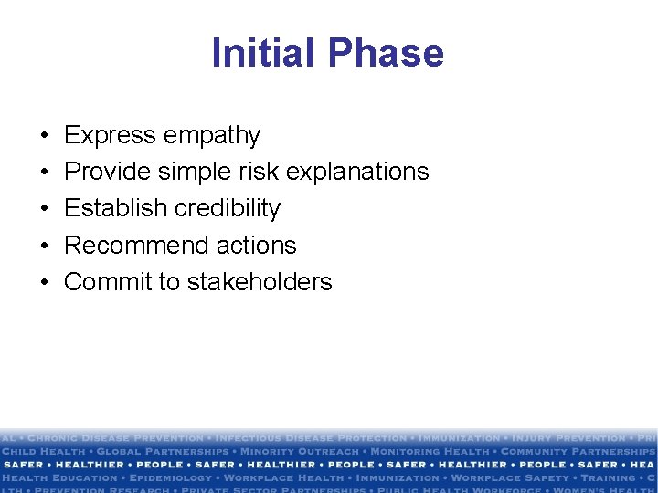 Initial Phase • • • Express empathy Provide simple risk explanations Establish credibility Recommend
