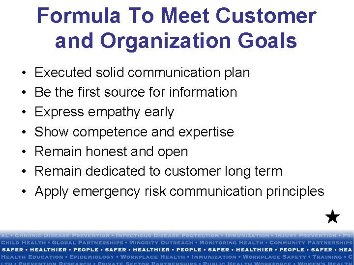 Formula To Meet Customer and Organization Goals • • Executed solid communication plan Be