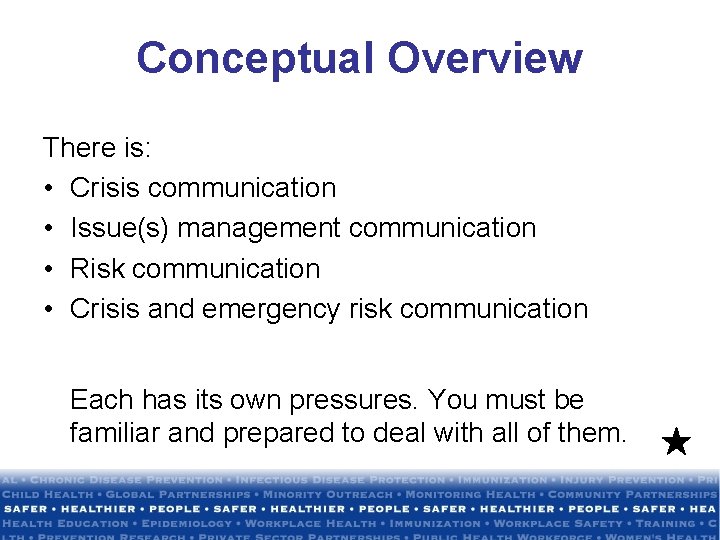 Conceptual Overview There is: • Crisis communication • Issue(s) management communication • Risk communication