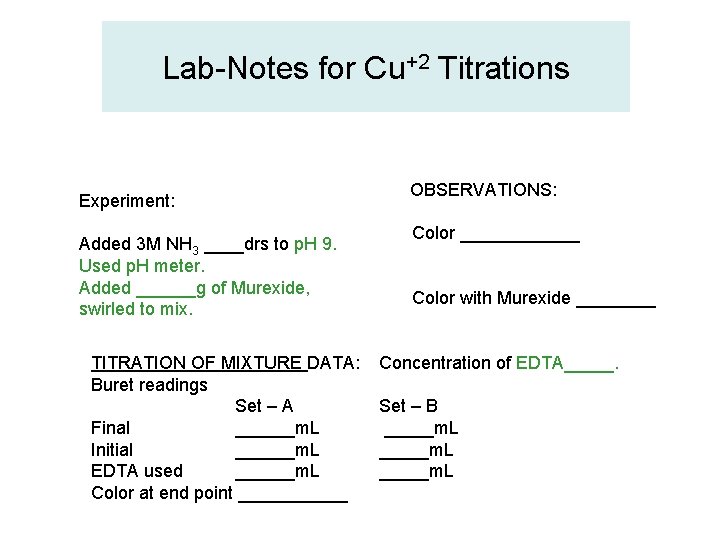 Lab-Notes for Cu+2 Titrations Experiment: Added 3 M NH 3 ____drs to p. H