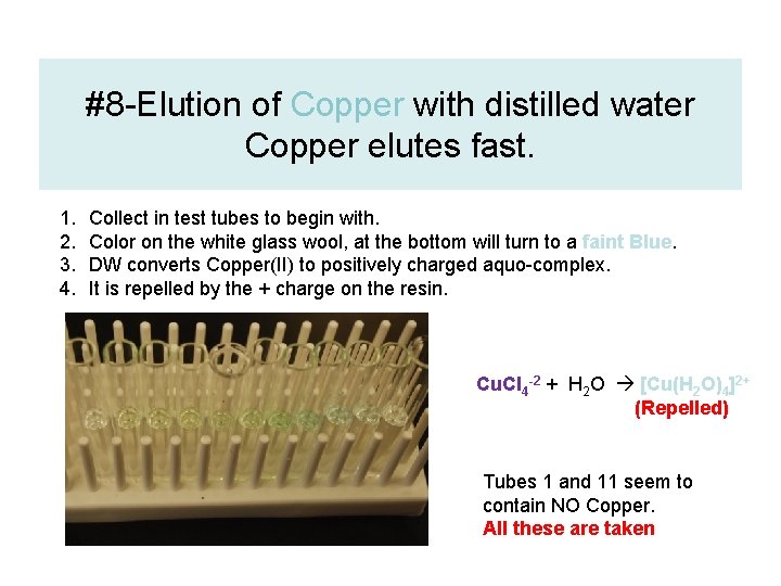 #8 -Elution of Copper with distilled water Copper elutes fast. 1. 2. 3. 4.