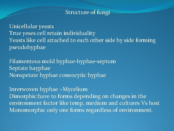 Structure of fungi Unicellular yeasts True yeses cell retain individuality Yeasts like cell attached