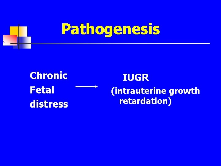 Pathogenesis Chronic Fetal distress IUGR (intrauterine growth retardation) 