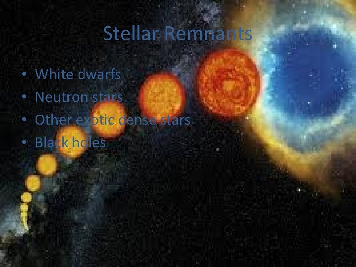 Stellar Remnants • • White dwarfs Neutron stars Other exotic dense stars Black holes