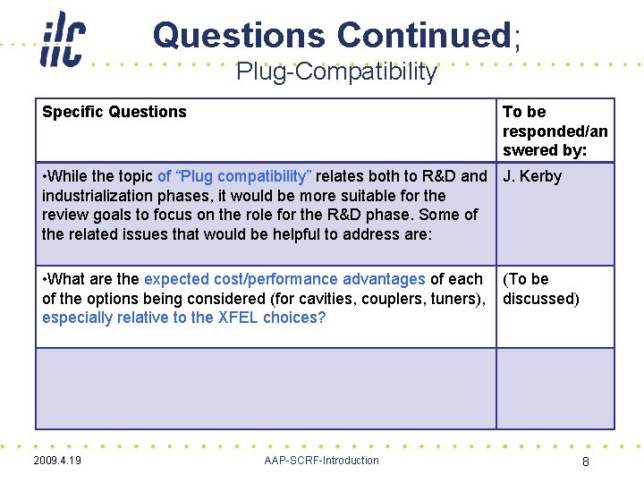 Questions Continued; Plug-Compatibility Specific Questions To be responded/an swered by: • While the topic