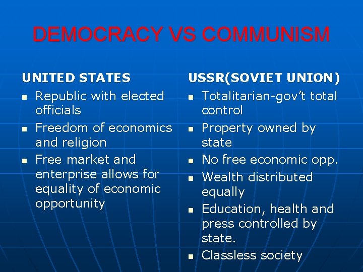 DEMOCRACY VS COMMUNISM UNITED STATES n Republic with elected officials n Freedom of economics DEMOCRACY VS COMMUNISM UNITED STATES n Republic with elected officials n Freedom of economics