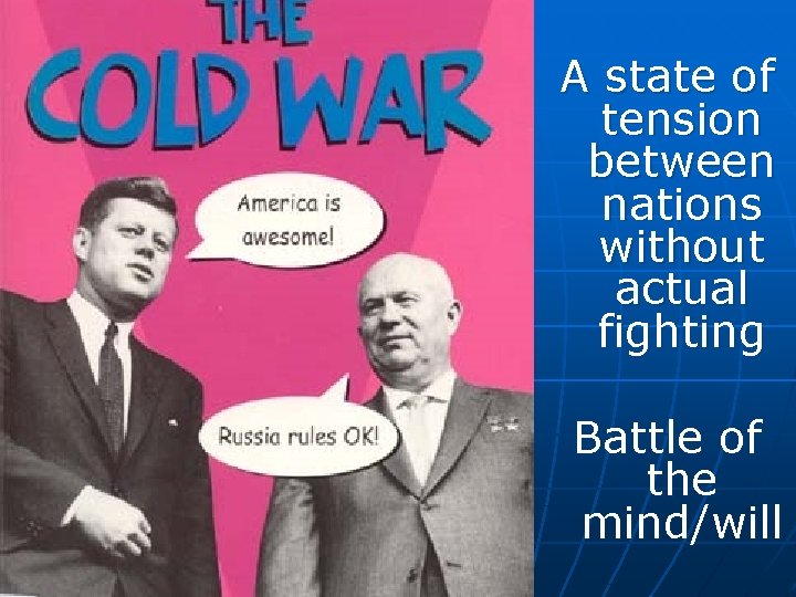 A state of tension between nations without actual fighting Battle of the mind/will A state of tension between nations without actual fighting Battle of the mind/will