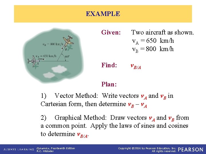 EXAMPLE Given: Two aircraft as shown. v. A = 650 km/h v. B =
