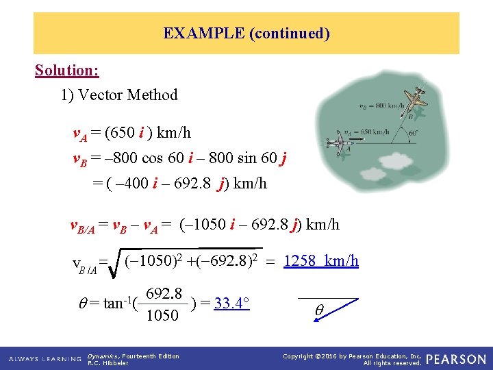 EXAMPLE (continued) Solution: 1) Vector Method v. A = (650 i ) km/h v.