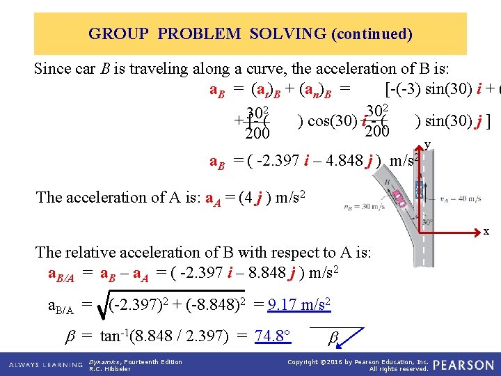 GROUP PROBLEM SOLVING (continued) Since car B is traveling along a curve, the acceleration