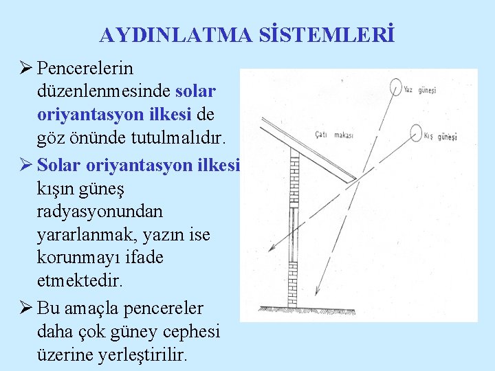 AYDINLATMA SİSTEMLERİ Ø Pencerelerin düzenlenmesinde solar oriyantasyon ilkesi de göz önünde tutulmalıdır. Ø Solar