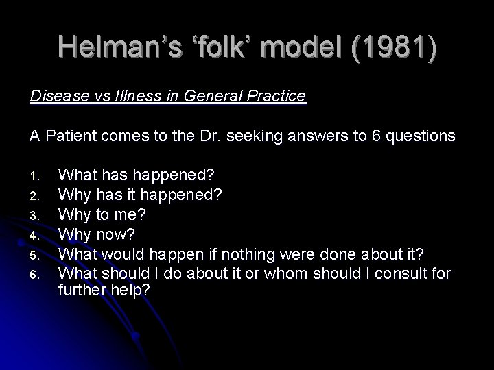 Helman’s ‘folk’ model (1981) Disease vs Illness in General Practice A Patient comes to