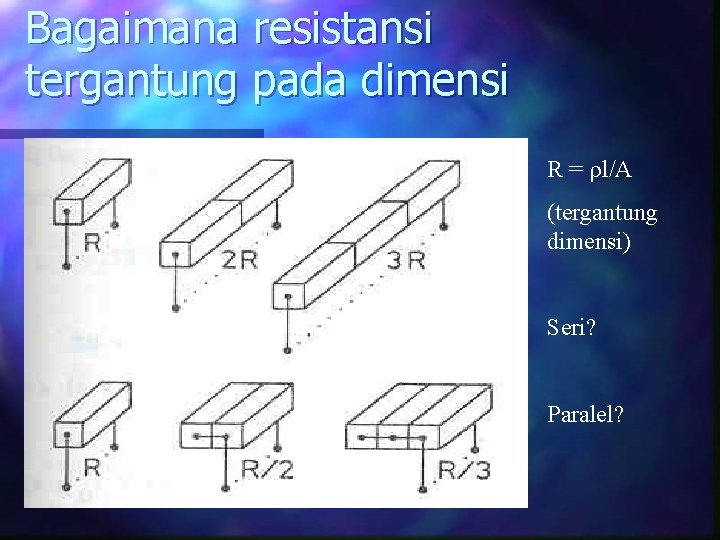 Bagaimana resistansi tergantung pada dimensi R = l/A (tergantung dimensi) Seri? Paralel? 