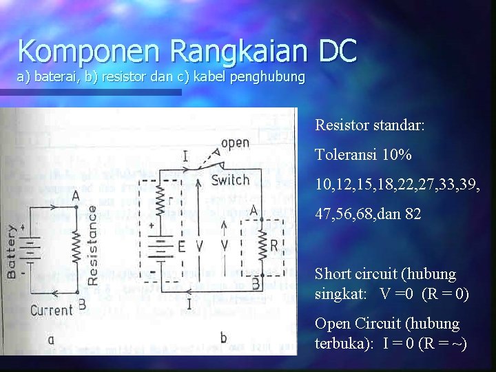 Komponen Rangkaian DC a) baterai, b) resistor dan c) kabel penghubung Resistor standar: Toleransi