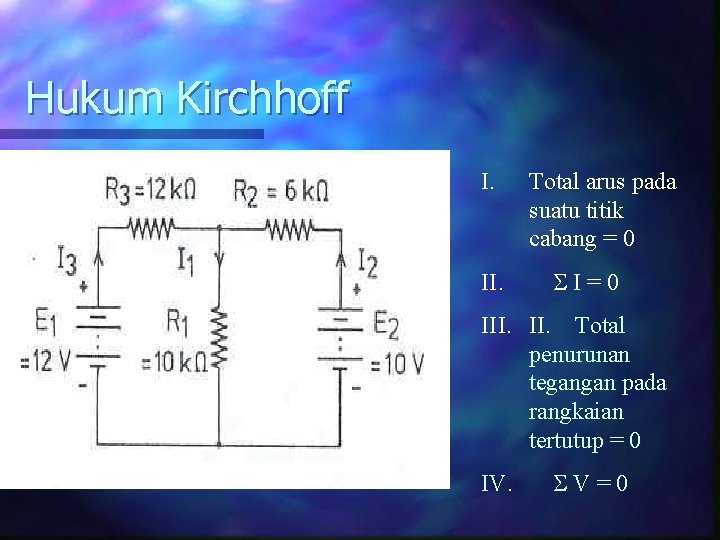 Hukum Kirchhoff I. II. Total arus pada suatu titik cabang = 0 I=0 III.