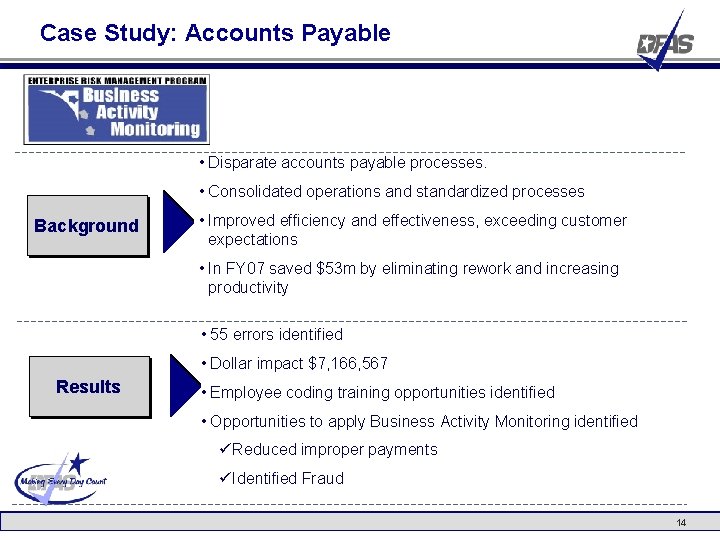 Case Study: Accounts Payable • Disparate accounts payable processes. • Consolidated operations and standardized