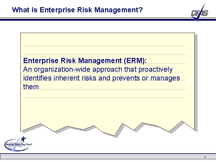 What is Enterprise Risk Management? Enterprise Risk Management (ERM): An organization-wide approach that proactively