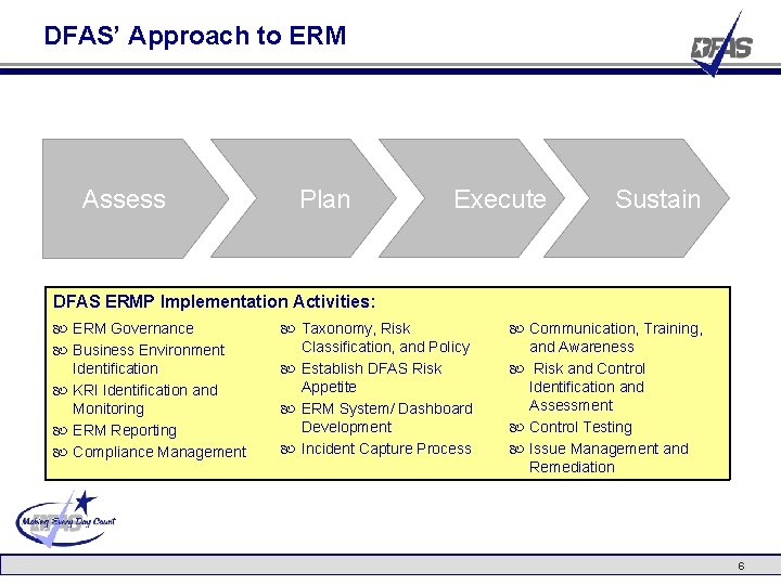 DFAS’ Approach to ERM Assess Plan Execute Sustain DFAS ERMP Implementation Activities: ERM Governance