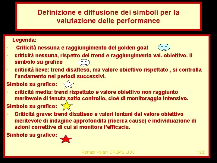 Definizione e diffusione dei simboli per la valutazione delle performance Legenda: • Criticità nessuna