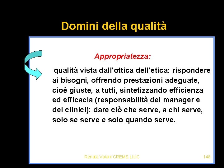 Domini della qualità Appropriatezza: qualità vista dall’ottica dell’etica: rispondere ai bisogni, offrendo prestazioni adeguate,