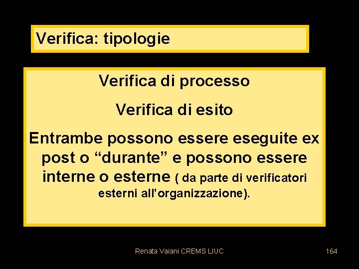 Verifica: tipologie Verifica di processo Verifica di esito Entrambe possono essere eseguite ex post