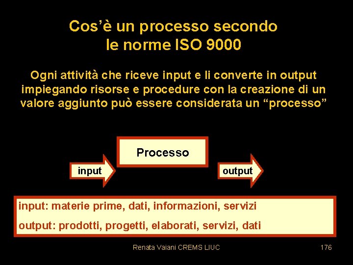 Cos’è un processo secondo le norme ISO 9000 Ogni attività che riceve input e